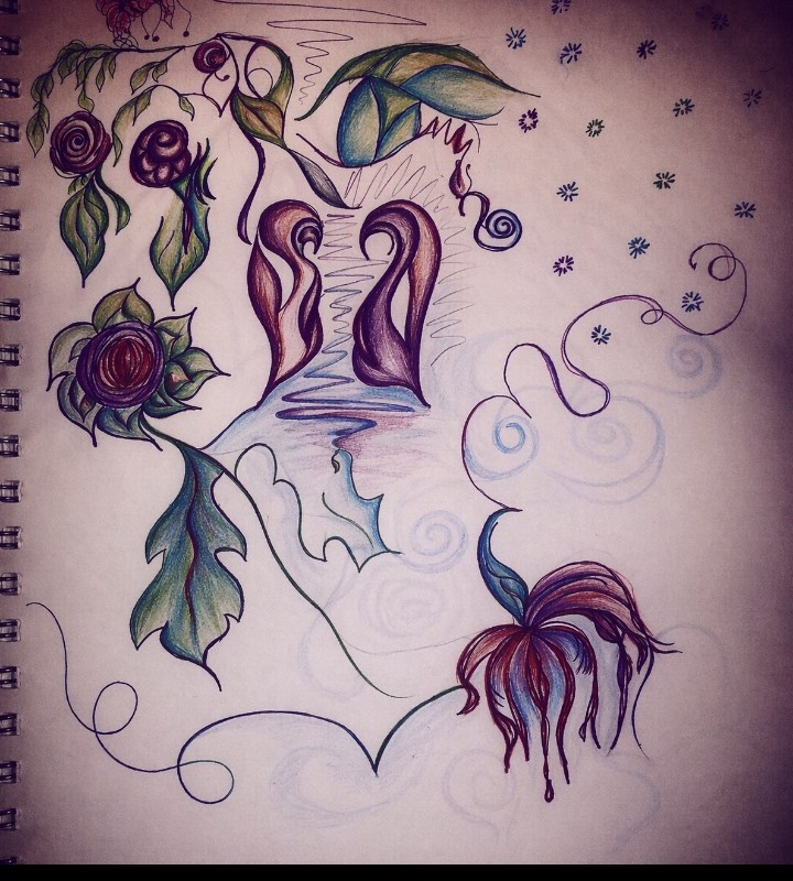 Original colorful abstract floral drawing with sweeping lines