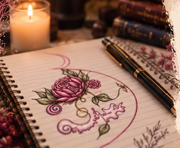 Warm writing desk and floral illustration