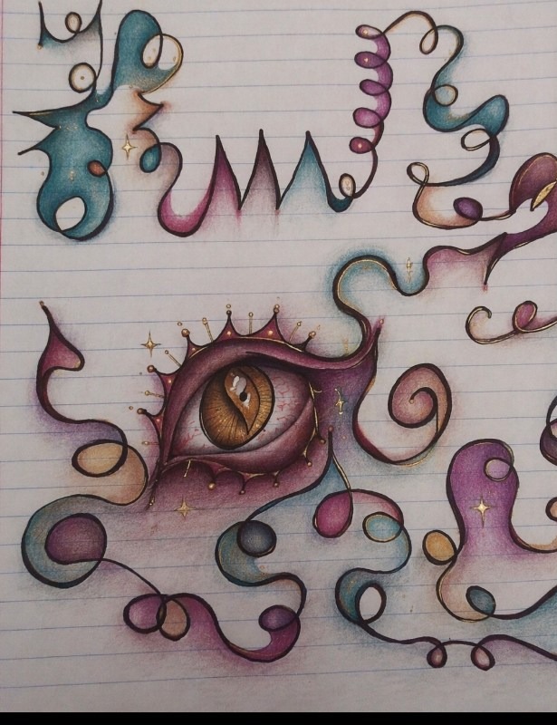 Original whimsical hand-drawn eye surrounded by colorful flowing shapes