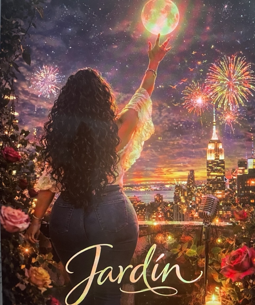 Arte original de Jardín: una mujer de cabello rizado contempla una Nueva York luminosa bajo un cielo de colores y fuegos artificiales