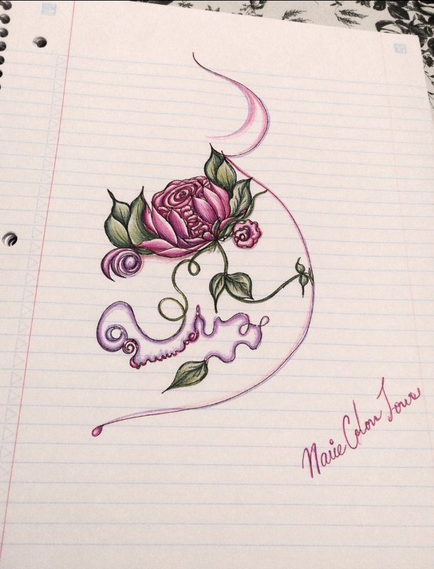 Original pink rose and crescent-like flowing lines on lined paper